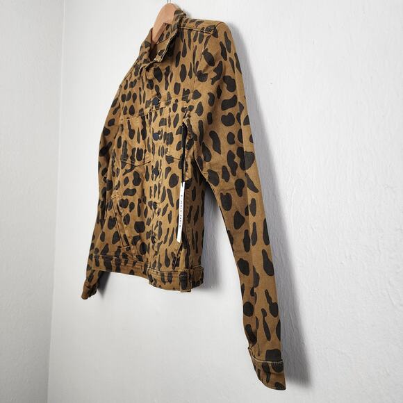 L'Agence Celine Slim Fit Leopard Print Cropped Denim Jacket Camel S NWT - Picture 8 of 16